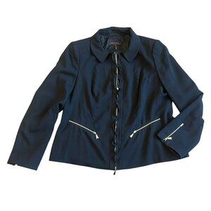 Escada Black Zip-Down Blazer Jacket Gold Embossed Ruffle Size 44 Large Women's